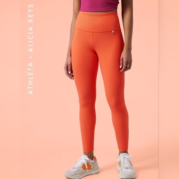New Athleta x Alicia Keys Leggings Orange Ribbed Leggings Size Large Neon Tights - Picture 8 of 16